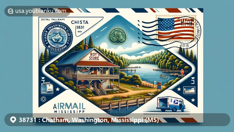 Modern illustration of Chatham, Washington County, Mississippi, with postal theme for ZIP code 38731, highlighting Lake Washington and Roy's Store within an airmail envelope shape, featuring stamp, postmark, and Mississippi state flag elements.