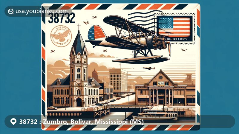 Modern illustration of Zumbro, Bolivar County, Mississippi, inspired by ZIP code 38732's postal theme, featuring vintage air mail envelope design with Mississippi state flag stamp, '38732' emphasis, Downtown Cleveland Historic District, Grace Episcopal Church, U.S. Post Office, airplane house, Mississippi River, Bolivar Landing, and Lake Whittington.