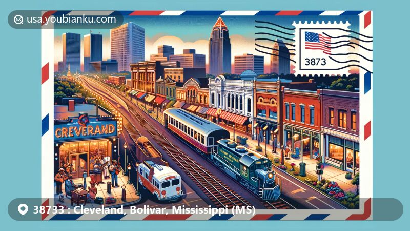 Modern illustration of downtown Cleveland, Mississippi, showcasing Grammy Museum Mississippi, railroad heritage, vibrant downtown scene with shops and restaurants, Christmas lights, Mississippi state flag, and African American blues influence.