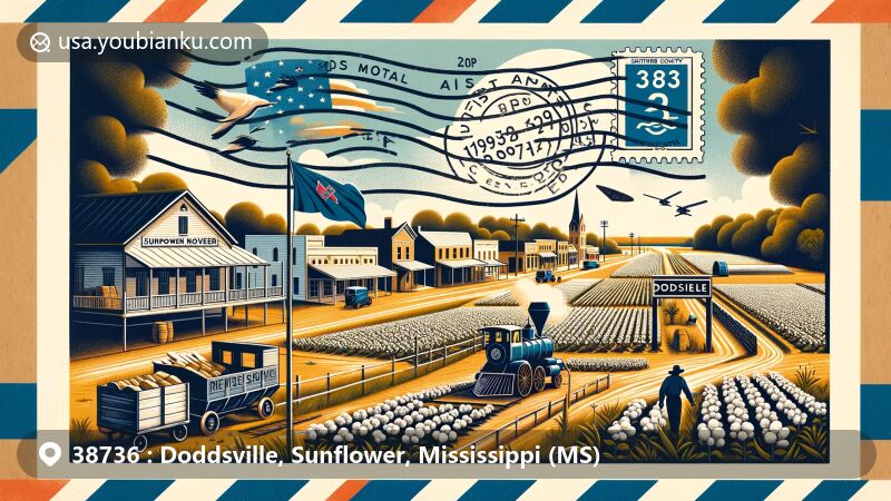 Modern illustration of Doddsville, Sunflower, Mississippi, showcasing the town's history with the Sunflower River, Dodds brothers' depot, and southern architecture, integrated with postal elements for ZIP code 38736.