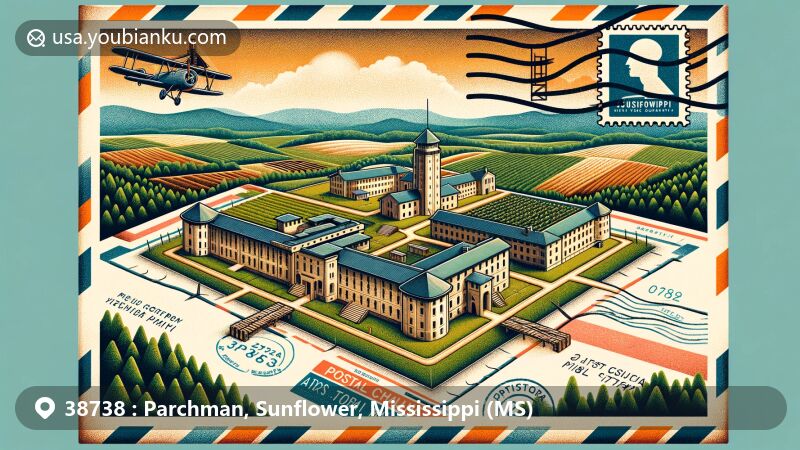 Modern illustration of the Mississippi State Penitentiary, Parchman Farm, in Sunflower County, Mississippi, incorporating iconic elements like prison buildings, agricultural fields, dense forests, vintage airmail envelope, and a stylized postage stamp.