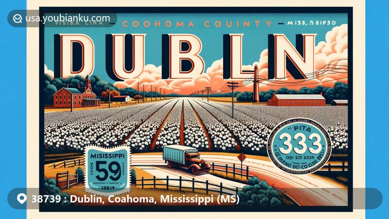 Modern illustration of Dublin, Coahoma County, Mississippi, featuring agricultural heritage with expansive cotton fields, blending local transportation routes like U.S. Highway 49 and U.S. Highway 61 with postal elements.
