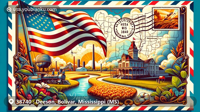 Modern illustration of Deeson, Bolivar County, Mississippi, featuring retro-style postcard or airmail envelope with Mississippi state flag and stylized map of Bolivar County, showcasing general elements representing the Mississippi Delta region like cotton fields, the Mississippi River, and historic cottonseed oil mill, along with a vintage postage stamp with '38740' ZIP code and 'Deeson, MS' postmark, surrounded by a collage of Mississippi cultural symbols including blues music notes, traditional southern architecture, and natural landscapes.