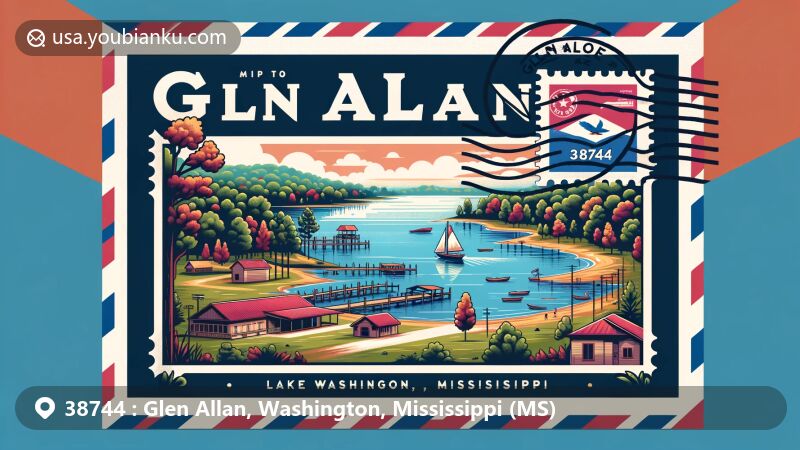 Contemporary illustration of Glen Allan, Mississippi, highlighting natural beauty and community life, featuring Lake Washington and Paul Love Jr Park, framed in an airmail theme with Mississippi state flag postage stamp and ZIP code 38744.