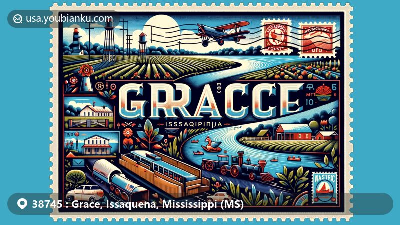 Modern illustration of Grace, Issaquena County, Mississippi, featuring postal theme with elements like postcard, stamps, and postmark, showcasing area's unique features and history.