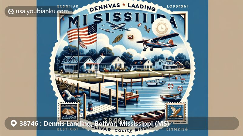 Modern illustration of Dennis Landing, Bolivar County, Mississippi, featuring postal theme with ZIP code 38746, showcasing serenity, historical significance of Bolivar Landing, and symbols of Mississippi.