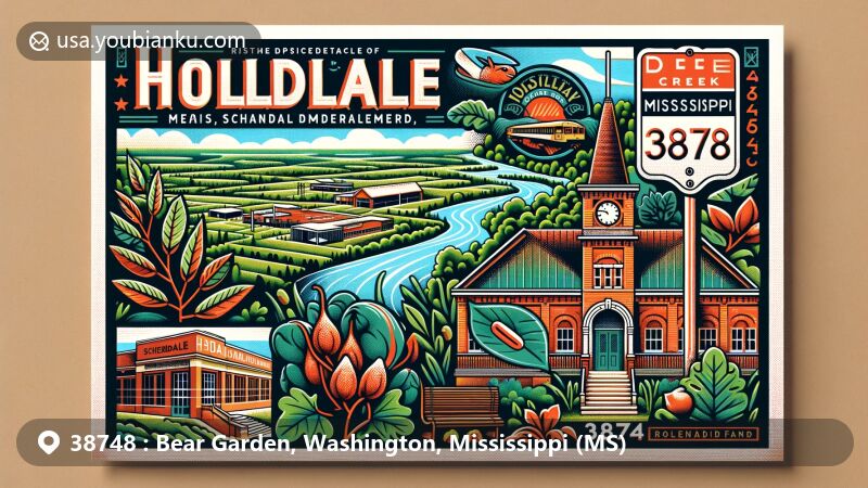 Modern postcard design for ZIP code 38748 area in Hollandale, Mississippi, showcasing local heritage with Deer Creek, Mississippi Blues Trail marker, educational history, and agricultural motifs.