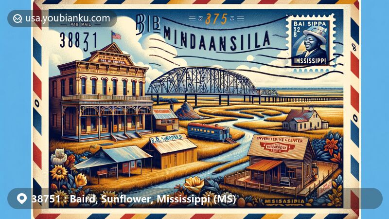 Modern illustration of Baird, Sunflower, and Indianola in Mississippi, featuring B.B. King Museum, Delta Interpretive Center, and postal theme with vintage stamps and postmark.