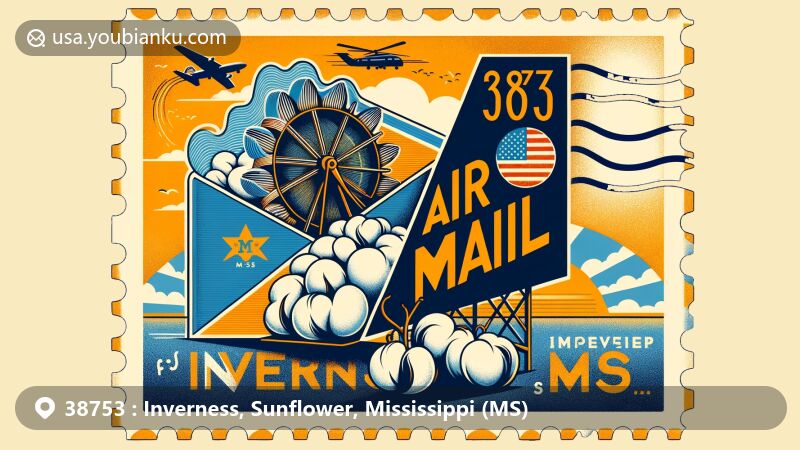 Contemporary illustration of Inverness, Sunflower, Mississippi, showcasing postal theme with ZIP code 38753, featuring air mail envelope with Mississippi state flag stamp and 38753 Inverness, MS postmark.