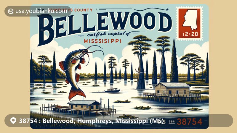 Modern illustration of Bellewood, MS 38754 postal code area, showcasing natural beauty and ecological tranquility near Sky Lake Wildlife Management Area.