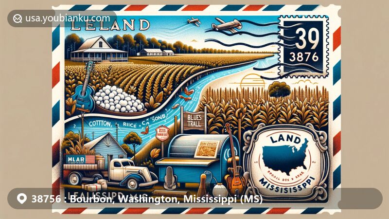 Modern illustration of Leland, Mississippi, in the 38756 ZIP code area, featuring agricultural heritage with cotton, soybeans, rice, corn, and catfish farming. Blues music elements like notes, instruments, and a blues trail marker are integrated within a postal-themed design.