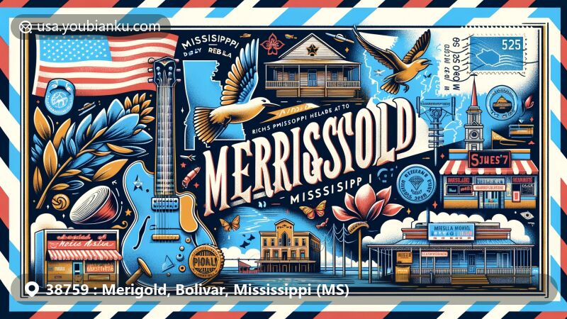 Modern illustration of Merigold, Mississippi, depicting postal heritage and local landmarks, showcasing state symbols like the flag and magnolia, and cultural elements such as a juke joint in a creative postcard design with a vintage postage stamp and ZIP code 38759.