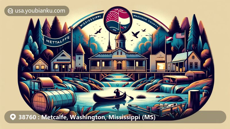 Modern illustration of Metcalfe area in Washington County, Mississippi, with ZIP code 38760, combining natural beauty and postal elements in a wide-format artwork. The background showcases the rural charm and natural landscapes of Metcalfe in the Mississippi Delta, including forests, rivers, and open spaces. Mississippi state flag and Washington County's outline are prominently featured, establishing the geographical location. The scene symbolically reflects the small-town flavor and friendly nature of Metcalfe community life, with activities like canoeing, kayaking, or community gatherings. Postal elements are cleverly integrated, such as vintage postcard formats, stamps featuring Metcalfe or Mississippi symbols, postal markings with '38760 ZIP Code,' and images of mailboxes or postal delivery vehicles. The overall design is bright, colorful, and embodies the unique living experience and community spirit of Metcalfe, suitable for digital platform showcasing.