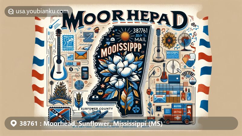 Modern illustration of Moorhead, Sunflower County, Mississippi, featuring ZIP code 38761, showcasing vintage postcard theme with Mississippi state symbols and music influences.