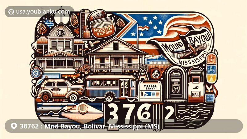Modern illustration of Mound Bayou, Mississippi, featuring postal theme with ZIP code 38762, including iconic Mound Bayou Museum of African American History and Culture, vintage postal vehicles, and Mississippi state flag.