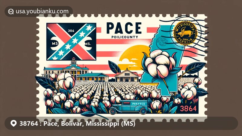 Modern illustration of Pace, Bolivar County, Mississippi, incorporating postal elements and Mississippi state flag, with depiction of cotton plants and postal symbols, reflecting the region's heritage.