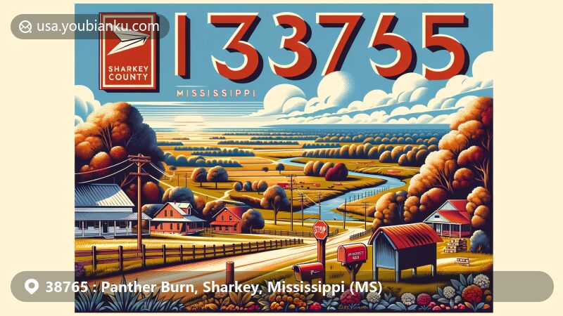 Modern illustration of Panther Burn, Sharkey County, Mississippi, highlighting rural charm and community spirit, including postal theme with ZIP code 38765 and iconic Sharkey County representations.