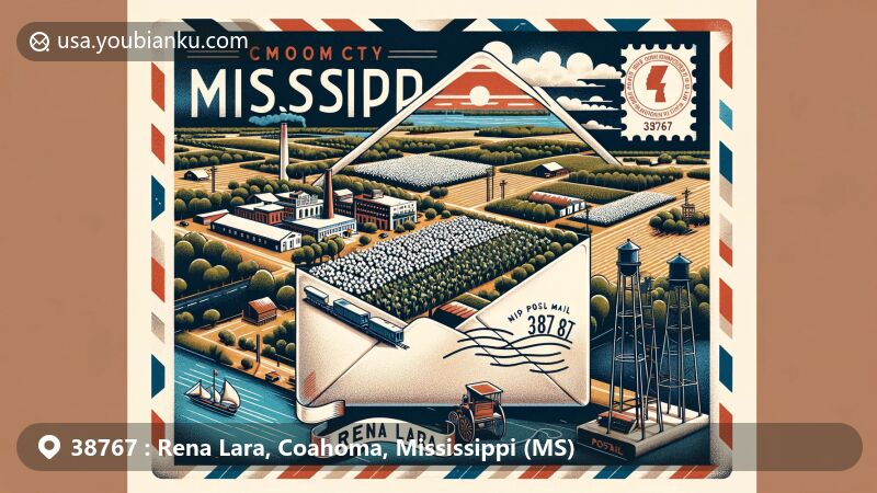 Modern illustration of Rena Lara, Mississippi, featuring postal theme with ZIP code 38767, vintage air mail envelope opening to reveal postcard capturing local essence, highlighting Coahoma County's map and Mississippi River.
