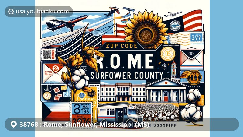 Modern illustration of Rome, Sunflower County, Mississippi, capturing postal theme with ZIP code 38768, featuring postcards, stamps, cotton fields, and local post office.
