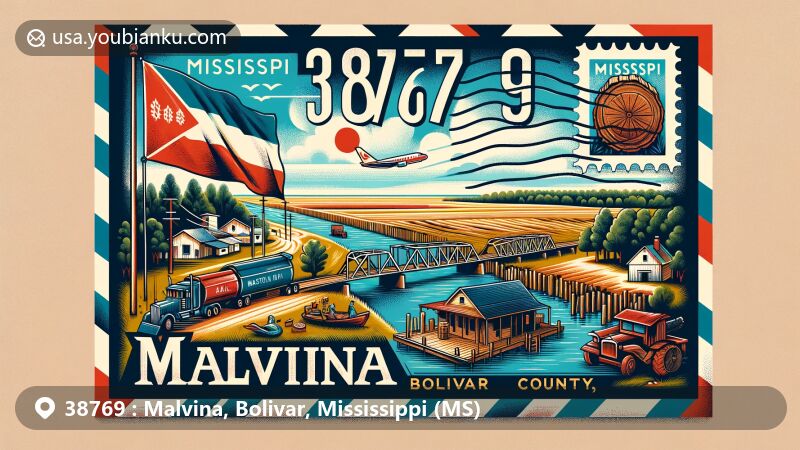 Modern illustration of Malvina, Bolivar County, Mississippi, highlighting Mississippi state flag, Delta agriculture, Bogue Phalia river, and historical three-way bridge, with postal elements like stamps and postmark featuring ZIP code 38769.
