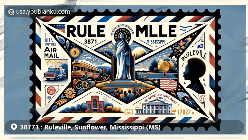 Modern illustration of Ruleville, Mississippi, blending cultural and postal elements with creativity. Featuring Fannie Lou Hamer monument, Mississippi's outline, and Sunflower County shape within an imaginative airmail envelope design. Prominently displaying postal code 38771 and city name Ruleville, MS, with landmarks and cultural icons on stamp. Artwork aims to showcase Ruleville's unique cultural and geographical identity while incorporating postal theme for visually appealing and educational representation.