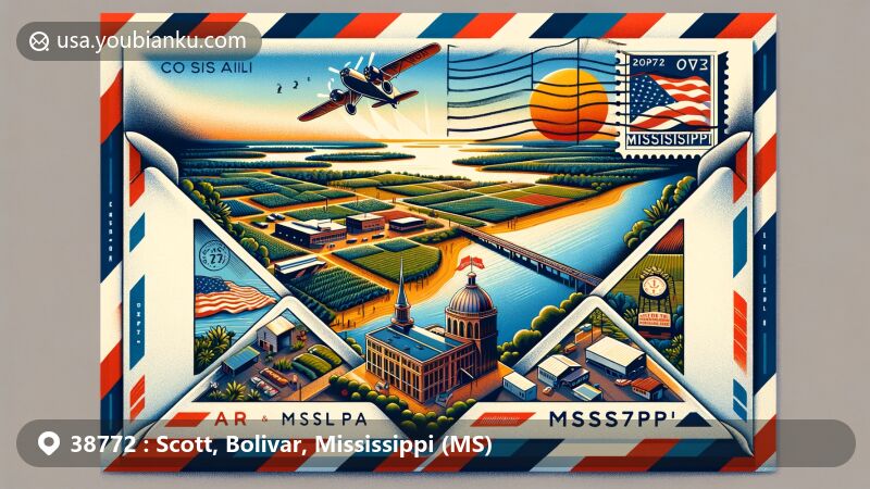 Modern illustration of Scott, Mississippi, featuring air mail envelope design with ZIP code 38772, showcasing the Mississippi River, Delta & Pine Land Company headquarters, and state symbols.