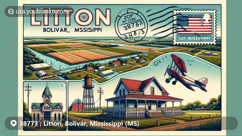 Modern illustration of Litton community in Bolivar, Mississippi, featuring rural setting in the Mississippi Delta region and natural landscapes, incorporating retro postcard frame with Mississippi flag stamp, and a postmark displaying the ZIP code 38773, alongside a symbolic Bolivar county landmark such as a courthouse or historic site.