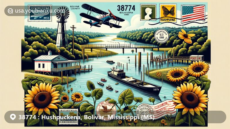 Modern illustration of Hushpuckena in Bolivar County, Mississippi, featuring the Hushpuckena River, vintage postal elements, and vibrant sunflowers. Reflects the area's Choctaw meaning of abundant sunflowers and historical postal connection.