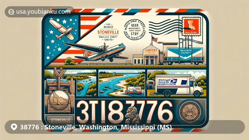 Modern illustration of Stoneville, Mississippi, showcasing ZIP code 38776 with a vintage air mail envelope, Mississippi state flag, Washington County outline, Deer Creek, Jamie Whitten Delta States Research Center, Stoneville postmark, postal truck, and subtle reference to Jim Henson.
