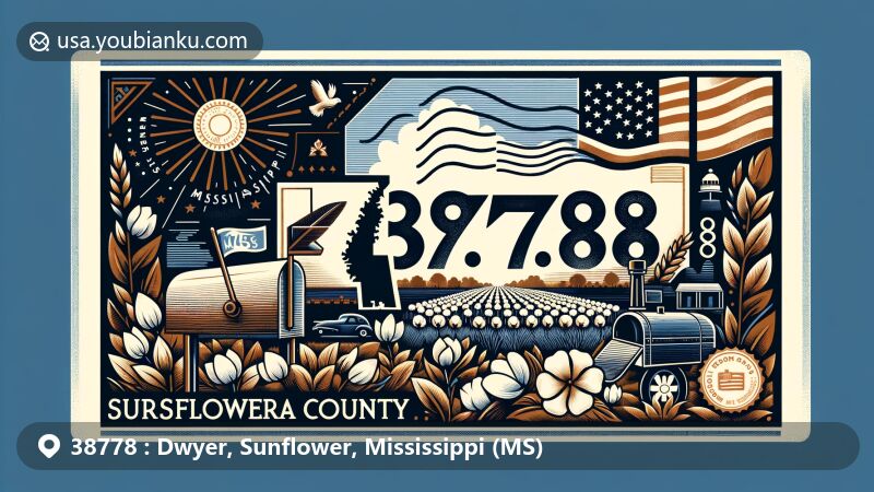 Modern illustration of Dwyer, Sunflower County, Mississippi, highlighting ZIP code 38778 with Mississippi state flag and elements representing the cultural heritage of the Mississippi Delta region.