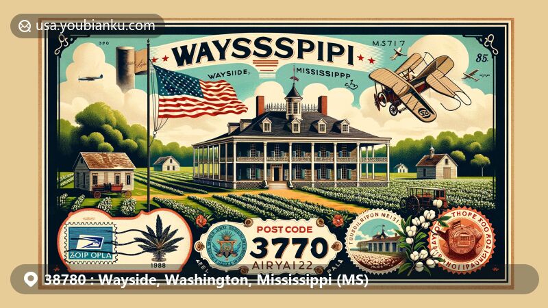 Wide-format illustration of Wayside, Washington County, Mississippi, featuring vintage postcard theme with Belmont Plantation as central landmark, showcasing Antebellum architecture and Mississippi state symbols.