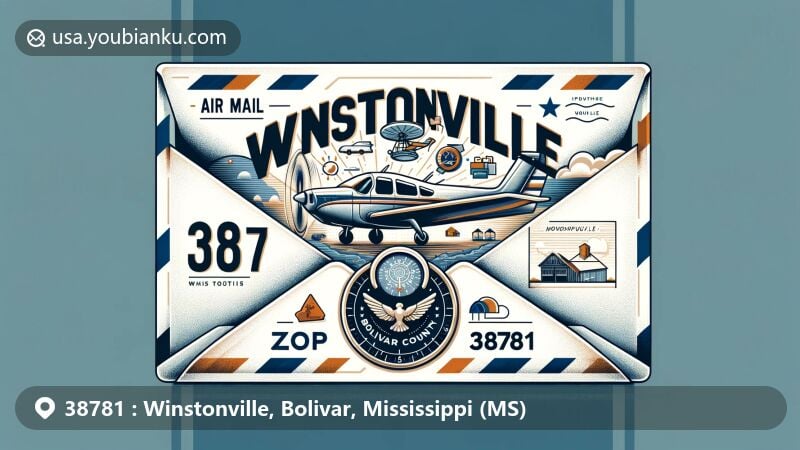 Modern illustration of Winstonville, Bolivar County, Mississippi, featuring aviation-themed airmail envelope with Mississippi state flag and town map, showcasing small-town charm and agricultural elements.