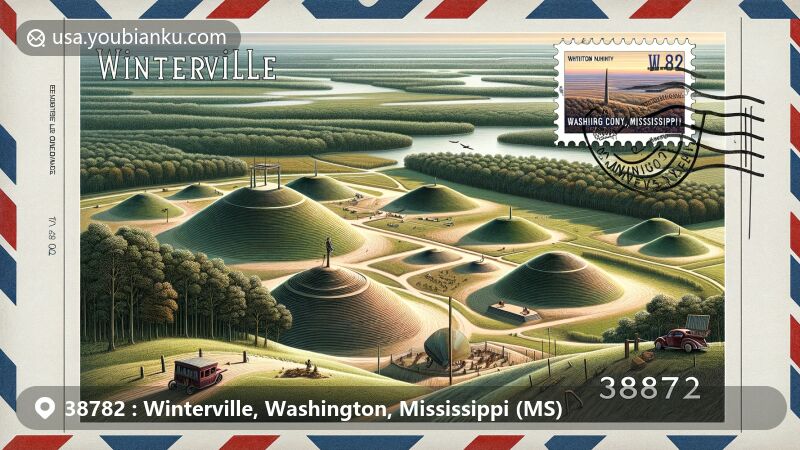 Modern illustration of Winterville, Washington County, Mississippi, showcasing postal theme with ZIP code 38782, featuring aerial view of Winterville Mounds.