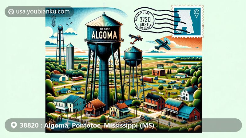 Modern illustration of Algoma, Pontotoc County, Mississippi, merging local elements with postal themes, centered around iconic water tower, Chickasaw heritage nods, and air mail envelope backdrop.