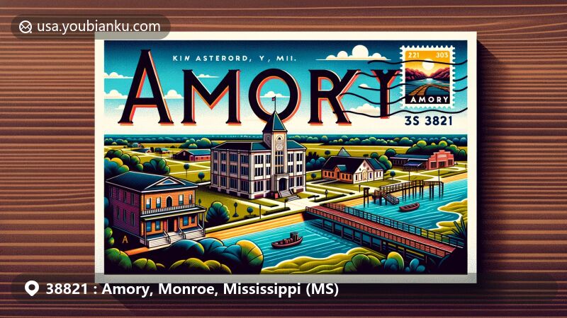 Modern illustration of Amory, Mississippi, showcasing postal theme with ZIP code 38821, featuring Amory Regional Museum and local natural landscapes.