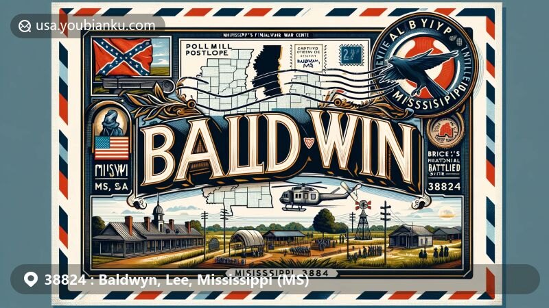Modern illustration of Baldwyn, Mississippi, depicting a creative postcard framed in an airmail envelope border, featuring landmarks like Mississippi’s Final Stands Civil War Center and Brice’s Crossroad National Battlefield Site, highlighting the town's Civil War history.
