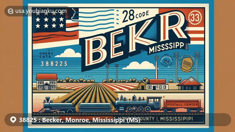 Modern illustration of Becker, Monroe County, Mississippi, featuring representational elements of the area within the state, postal design with vintage postcard and ZIP code 38825, and generic rural Mississippi scenery.
