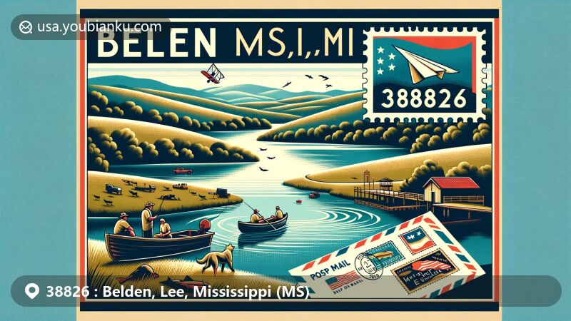Modern illustration of Belden area, Lee County, Mississippi, featuring tranquil lake and rolling hills, highlighting outdoor activities like hiking and fishing, with vintage air mail envelope and Mississippi state flag stamp.