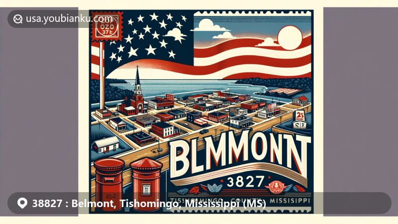 Modern illustration of Belmont, Tishomingo County, Mississippi, highlighting postal theme with ZIP code 38827, featuring vintage postcard elements and state flag.