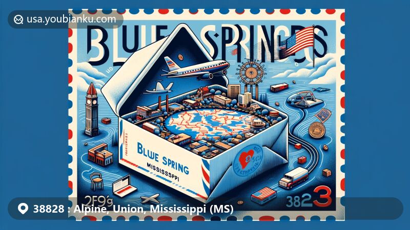 Modern illustration of Blue Springs, Union County, Mississippi, showcasing postal theme with ZIP code 38828, featuring state flag, local community characters, and airmail envelope design incorporating Union County map outline.