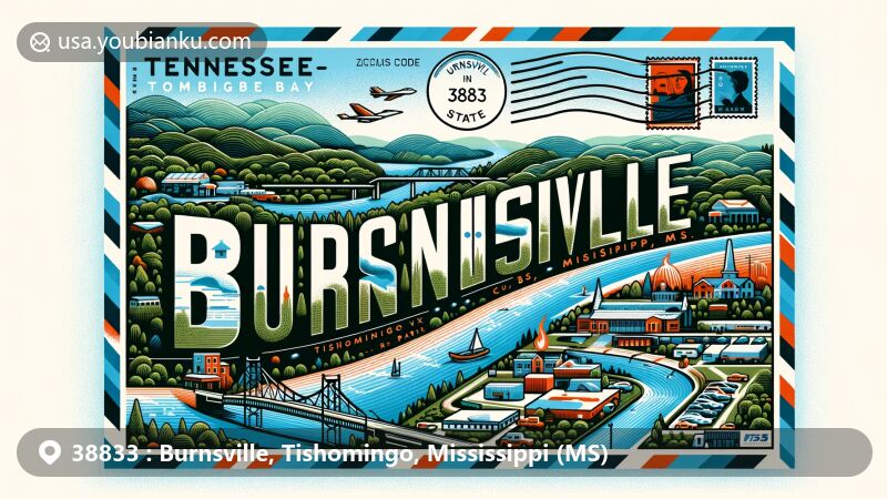 Modern illustration of Burnsville, Tishomingo County, Mississippi, capturing postal charm with ZIP code 38833, showcasing Tennessee-Tombigbee Waterway and Mississippi Hills.