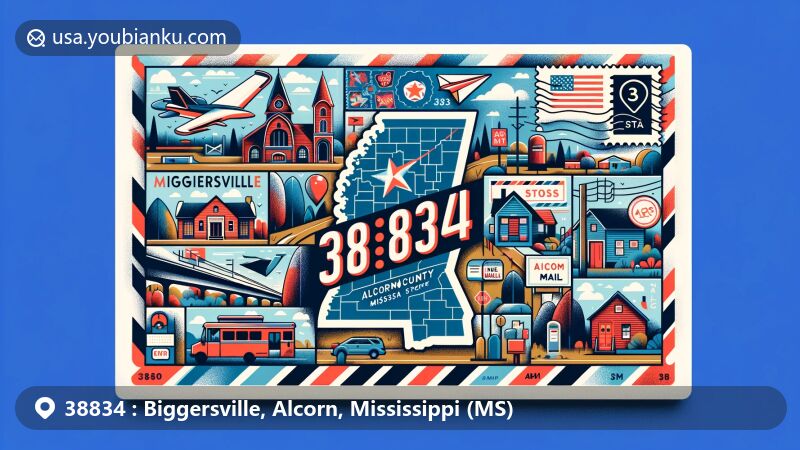 Modern illustration of Biggersville, Alcorn County, Mississippi, featuring a creative postal theme with Mississippi state outline, Alcorn County location, and rural community elements, including ZIP code 38834 and postal symbols.