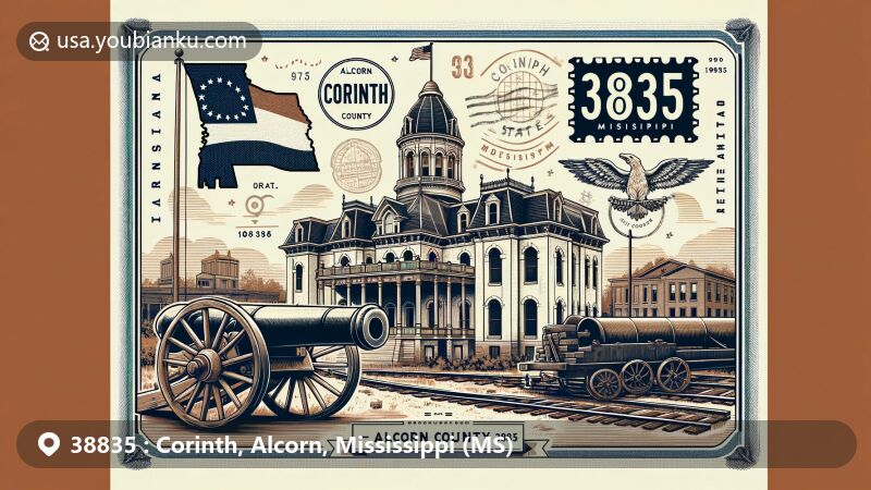 Modern illustration of Corinth, Alcorn County, Mississippi, showcasing Alcorn County Courthouse, Civil War cannon, railroad heritage, and Mississippi state flag, in a vintage postcard style with ZIP code 38835 and state outline.