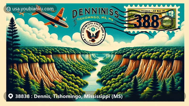 Modern illustration of Dennis, Tishomingo, Mississippi, capturing the natural beauty of Tishomingo State Park and iconic state symbols, with vintage airmail envelope showcasing postal theme with ZIP code 38838.