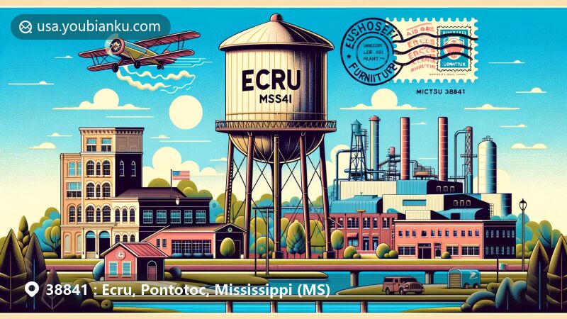 Modern illustration of Ecru, Mississippi, featuring Ashley Furniture plant, iconic water tower, and postal theme elements like vintage air mail envelope design and postmark stamp 'Ecru, MS 38841'. Mississippi state flag subtly included.