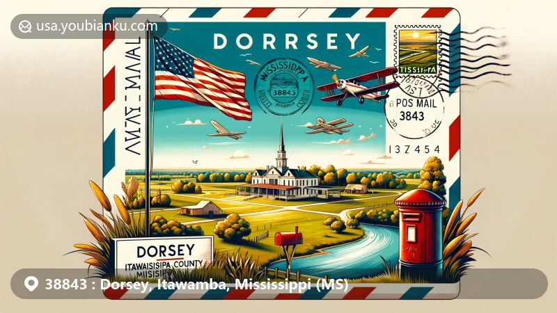 Modern illustration of Dorsey, Itawamba County, Mississippi, highlighting rural charm with postal elements, showcasing Mississippi state flag and Itawamba County outline.
