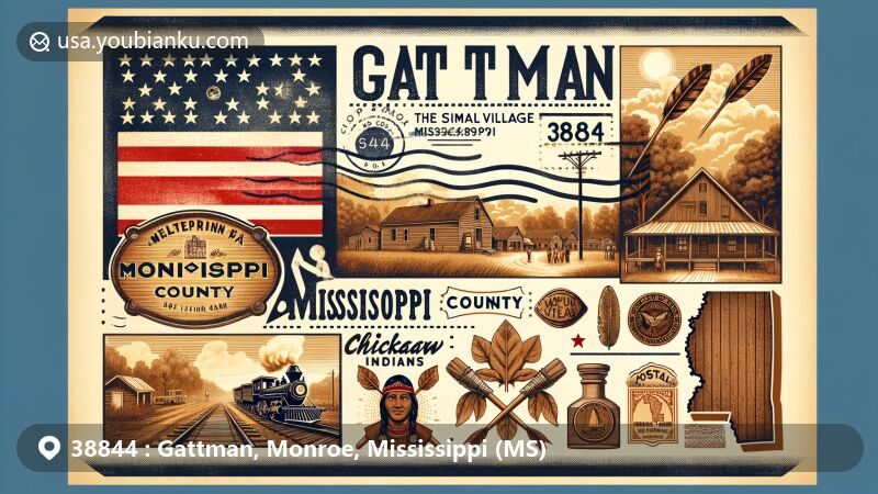 Modern illustration of Gattman, Monroe County, Mississippi, showcasing postal theme with ZIP code 38844, featuring the lumber industry, Chickasaw Indian heritage, and early railroads.