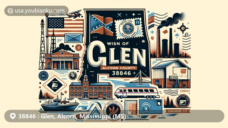 Modern illustration of Glen, Alcorn County, Mississippi, highlighting postal theme with ZIP code 38846, featuring Mississippi state flag, Alcorn County outline, postcard, air mail envelope, stamps, and postmark.