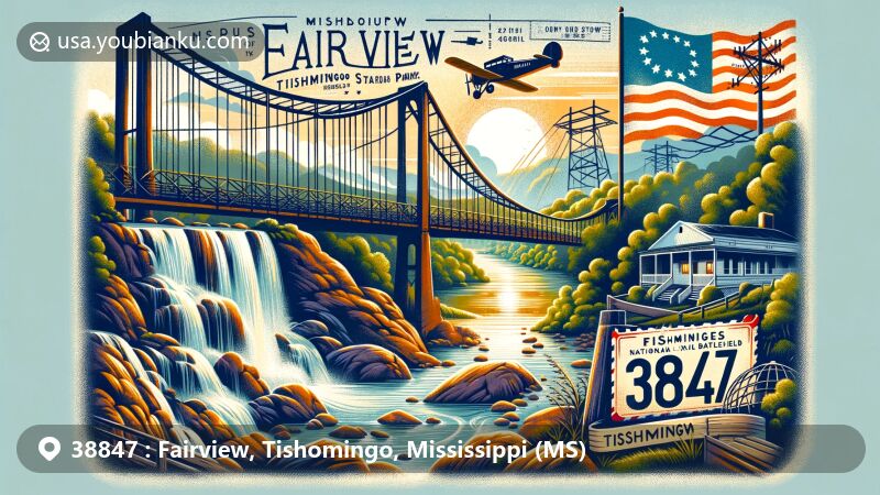 Modern illustration of Fairview, Tishomingo, Mississippi, featuring Tishomingo State Park with swinging bridge, rock formations, waterfalls, and historic Tishomingo Creek Bridge from Brices Cross Roads National Battlefield, highlighting serene landscape and historical richness.