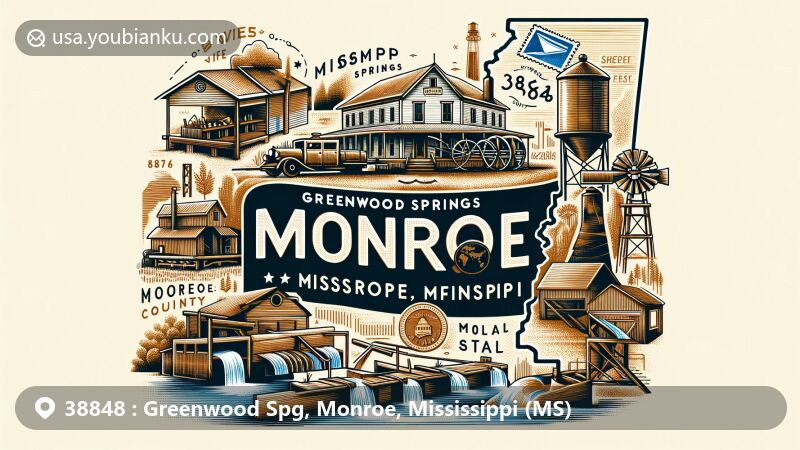 Modern illustration of Greenwood Springs, Monroe County, Mississippi, with regional and postal elements, including Mississippi outline, Monroe County shape, local mineral springs, sawmill, and school.
